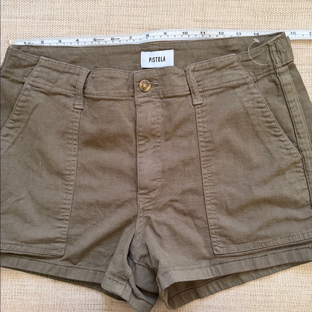 Pistola Utility Shorts Khaki Rear Flap Button Close pockets 3.5” inseam - Picture 9 of 12